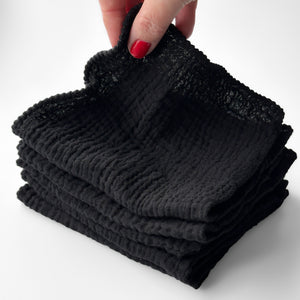 Stack of 5 black gauze makeup remover cloths